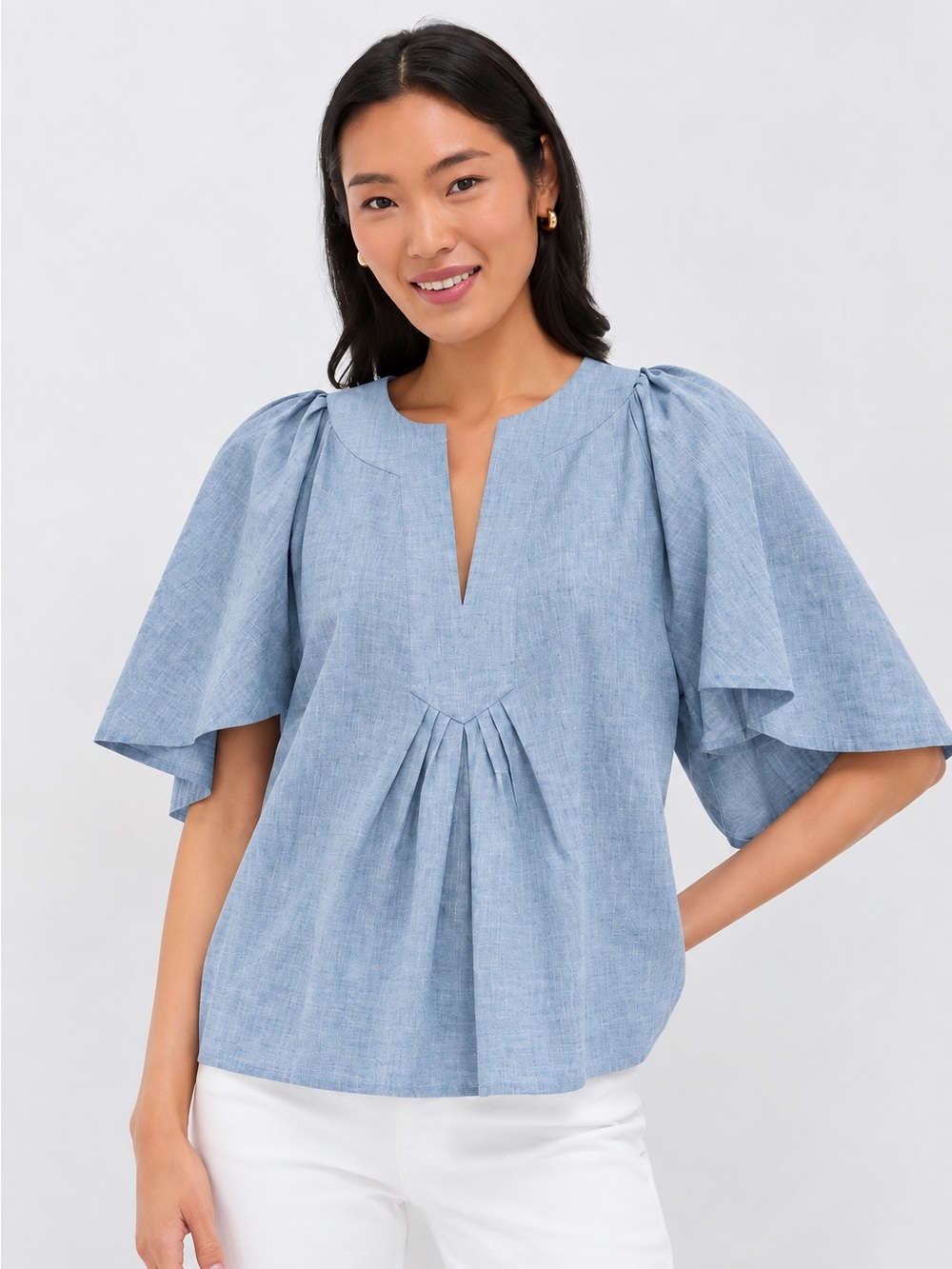 Pomander Place Finley Chambray Cotton Linen Flutter Sleeve Top Large